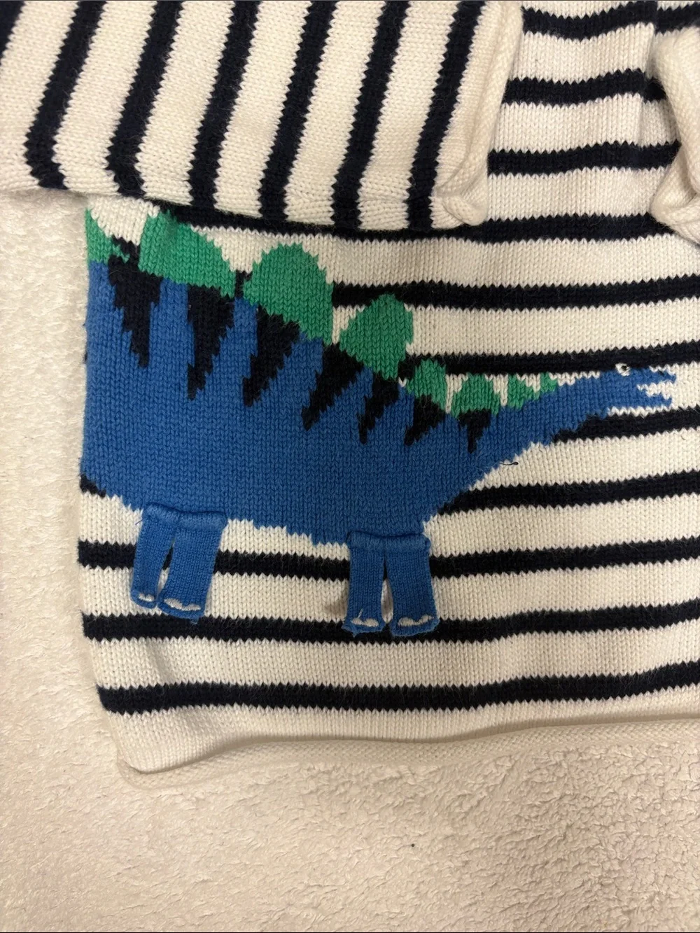 Joules Navy & White Striped Sweater with Blue Dinosaur 6/9m